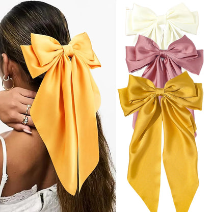 Korean Accessories Hair Clips for Women Girls Big Bowknot Solid Satin Long Ribbon Bows Spring Clamp Barette Cheveux Femme 20…