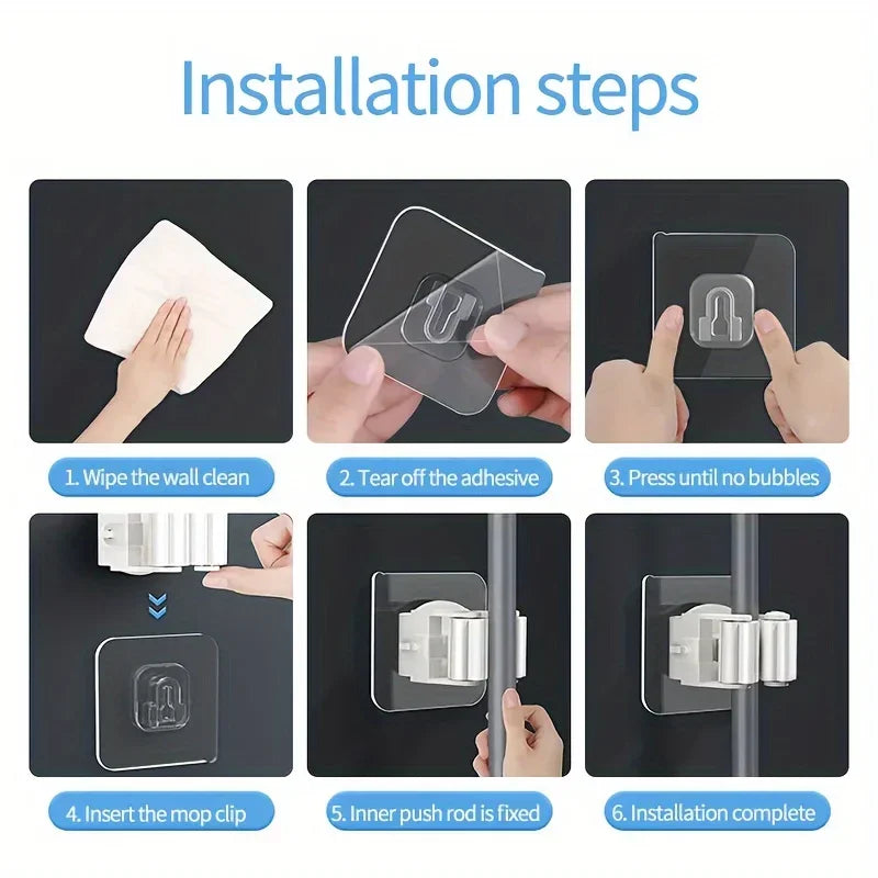 Mop Holder Self-adhesive Broom Stand Wall Mounted Mop Support Sweeping Brush Hook Storage Organizer Bathroom Kitchen Accesso…