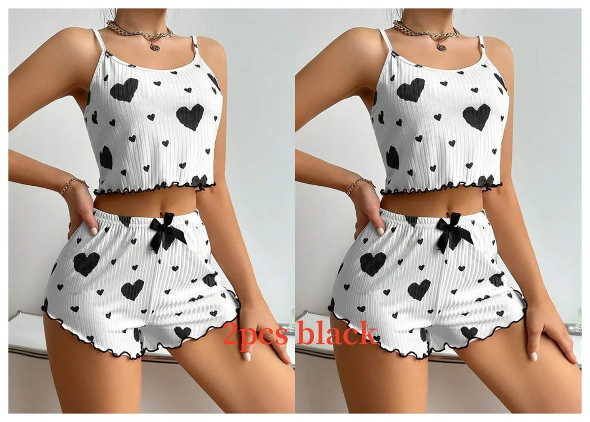 Women's Pajamas Set Sleepwear 2 PCS Short Tank Tops And Shorts S M L White Ventilate Soft Casual Love Printing - image 9