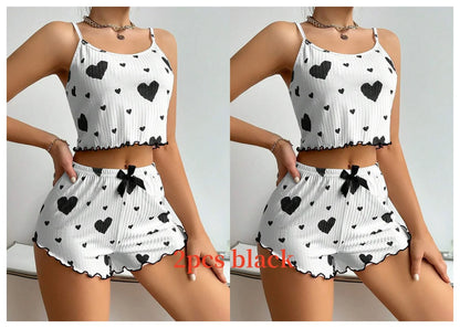 Women's Pajamas Set Sleepwear 2 PCS Short Tank Tops And Shorts S M L White Ventilate Soft Casual Love Printing - image 9
