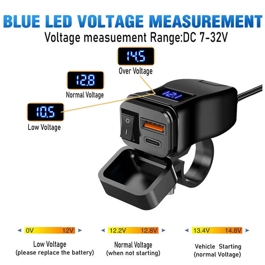 PD QC3.0 Motorcycle USB Fast Charger 60W Handlebar Dual USB Socket with Switch Voltmeter Waterproof 12V Power Supply Adapter…