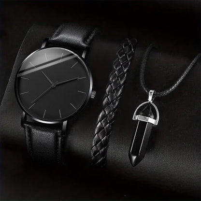 3PCS/Set Men Business Watches Casual Leather Band Analog Male's Quartz Watch Necklace Bracelet Set - image 3