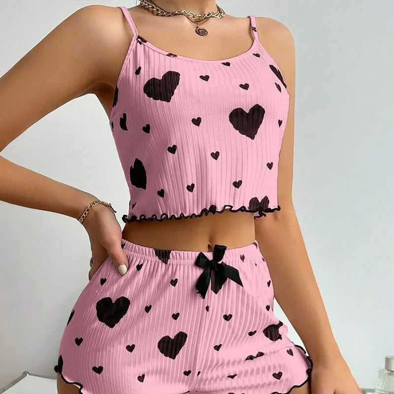 Women's Pajamas Set Sleepwear 2 PCS Short Tank Tops And Shorts S M L White Ventilate Soft Casual Love Printing - image 7