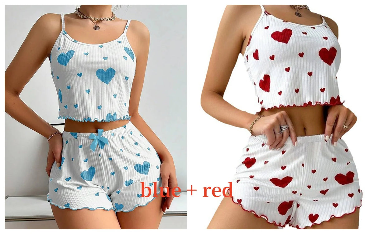Women's Pajamas Set Sleepwear 2 PCS Short Tank Tops And Shorts S M L White Ventilate Soft Casual Love Printing - image 14