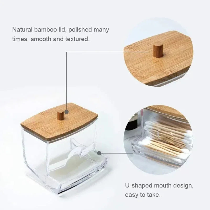 Cotton Swab Storage Box Double Head Cotton Buds Container Transparent Square Bamboo Cover Cotton Swab Toothpick Organize Box…