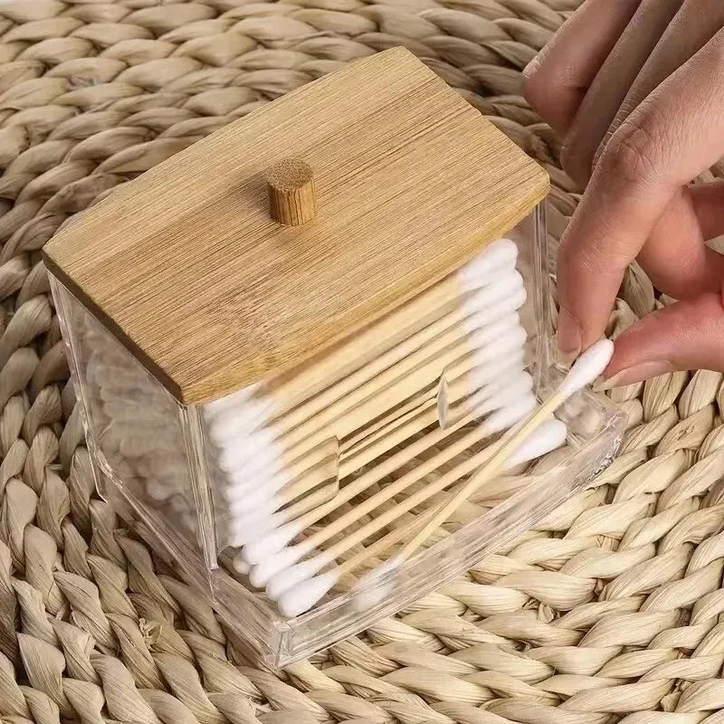 Cotton Swab Storage Box Double Head Cotton Buds Container Transparent Square Bamboo Cover Cotton Swab Toothpick Organize Box…