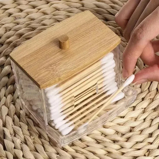Cotton Swab Storage Box Double Head Cotton Buds Container Transparent Square Bamboo Cover Cotton Swab Toothpick Organize Box…
